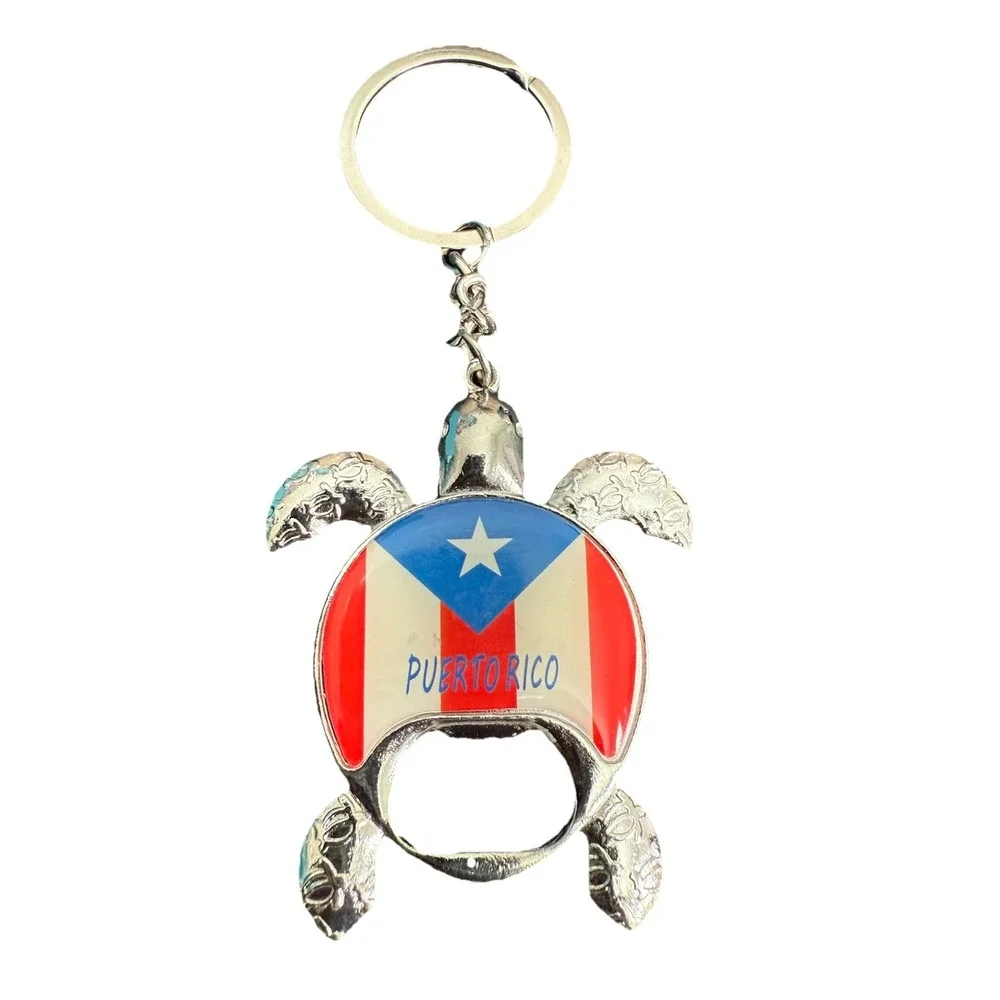 Puerto Rico Turtle Flag Bottle Opener Keychain Silver Tone Metal Souvenir